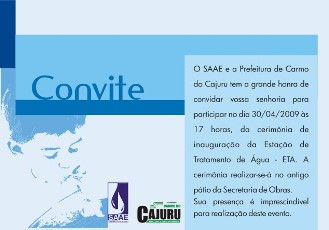 Carmo do Cajuru inaugura Estação de Tratamento de Água – ETA convite_saae