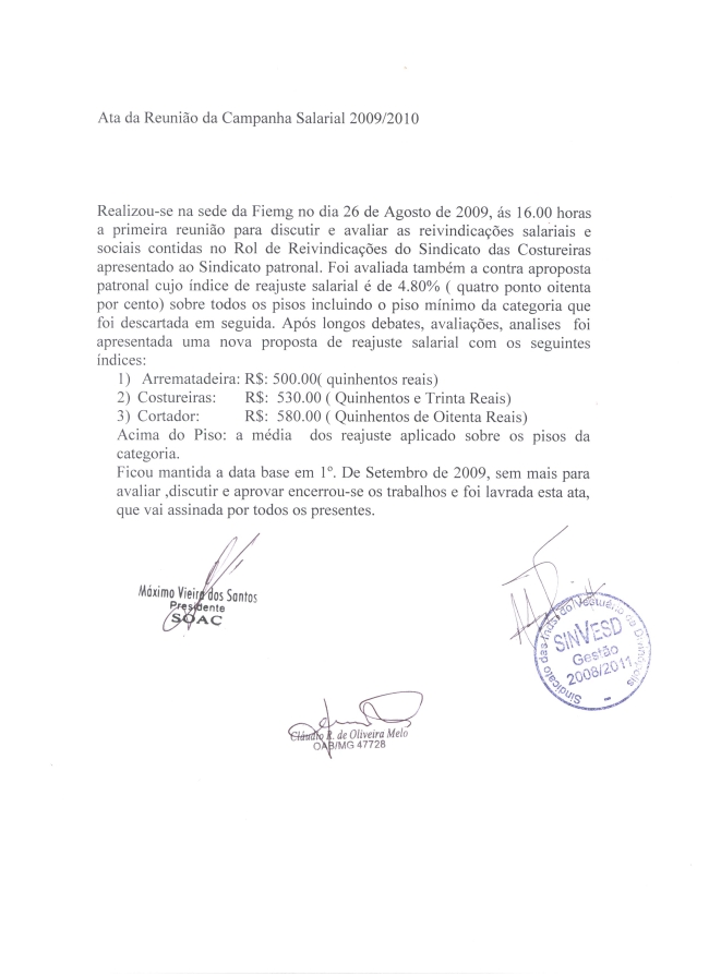 Sindicato do Vestuário de Divinópolis - SINVESD, reafirma negociação de 4,8% com o Sindicato das Costureiras e outros empregados do setor ata_soac-sinvesd