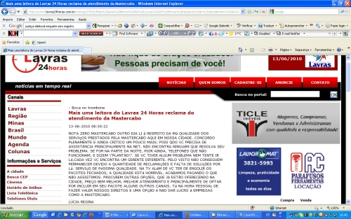 Site da cidade de Lavras-MG - “Lavras 24 horas” publica na seção “BOCA NO TROMBONE” reclamação contra a Mastercabo mastercabo