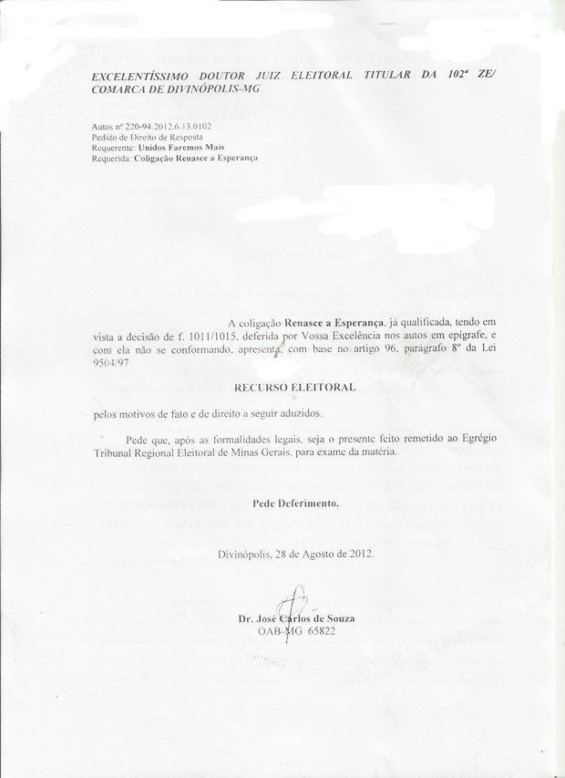 Coligação “Renasce a Esperança” quer que Juiz Eleitoral se julgue suspeito por sua amizade íntima com o Prefeito rec-1