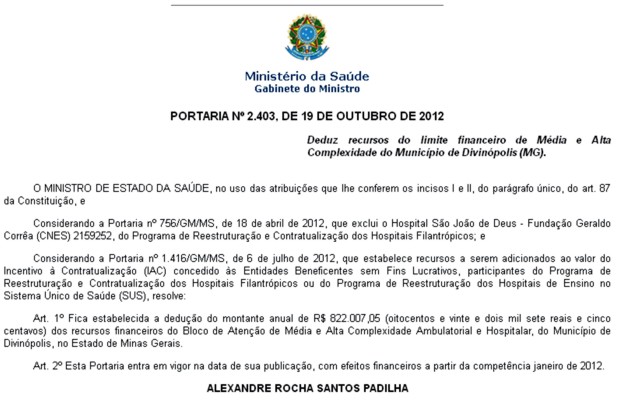 HSJD: Ministério da Saúde deduz R$ 822 mil reais de Divinópolis hsjd-padilha