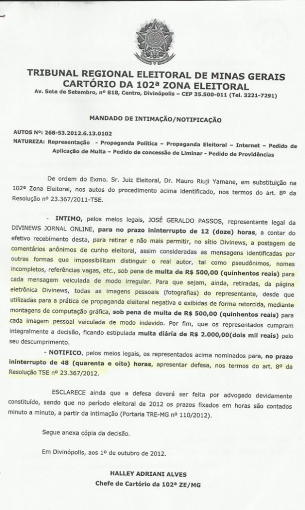 VLADIMIR AZEVEDO e COLIGAÇÃO “UNIDOS FAREMOS MAIS" fazem representação judicial contra o Divinews processo-1
