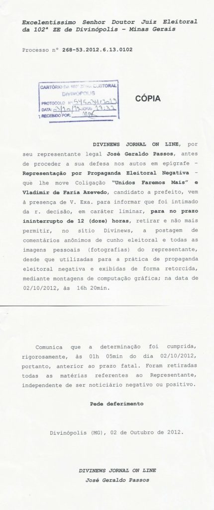Divinews comunica à Justiça Eleitoral que cumpriu pedido feito por VLADIMIR AZEVEDO e sua Coligação “UNIDOS FAREMOS MAIS” em retirar matérias e comentários do site processo-a