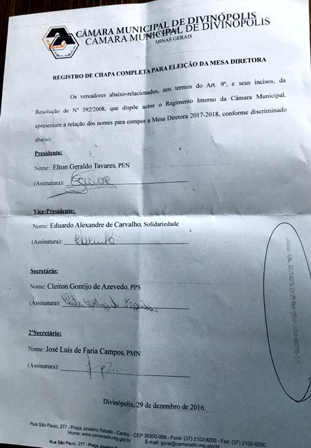 “UNIDOS POR DIVINÓPOLIS” protocoliza chapa com Sargento Elton como presidente da Câmara de Divinópolis protocolização