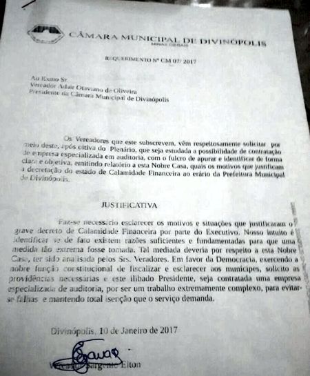 Por Estado de CALAMIDADE FINANCEIRA, seis vereadores querem AUDITORIA na PREFEITURA DE DIVINOPOLIS
