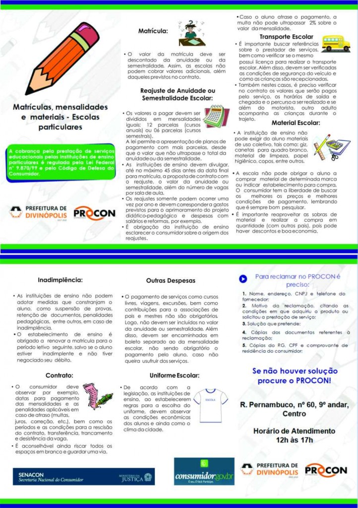 PROCON Municipal de Divinópolis lança cartilha com alerta contra abusos das escolas particulares nas matriculas e materiais CARTILHA PROCON