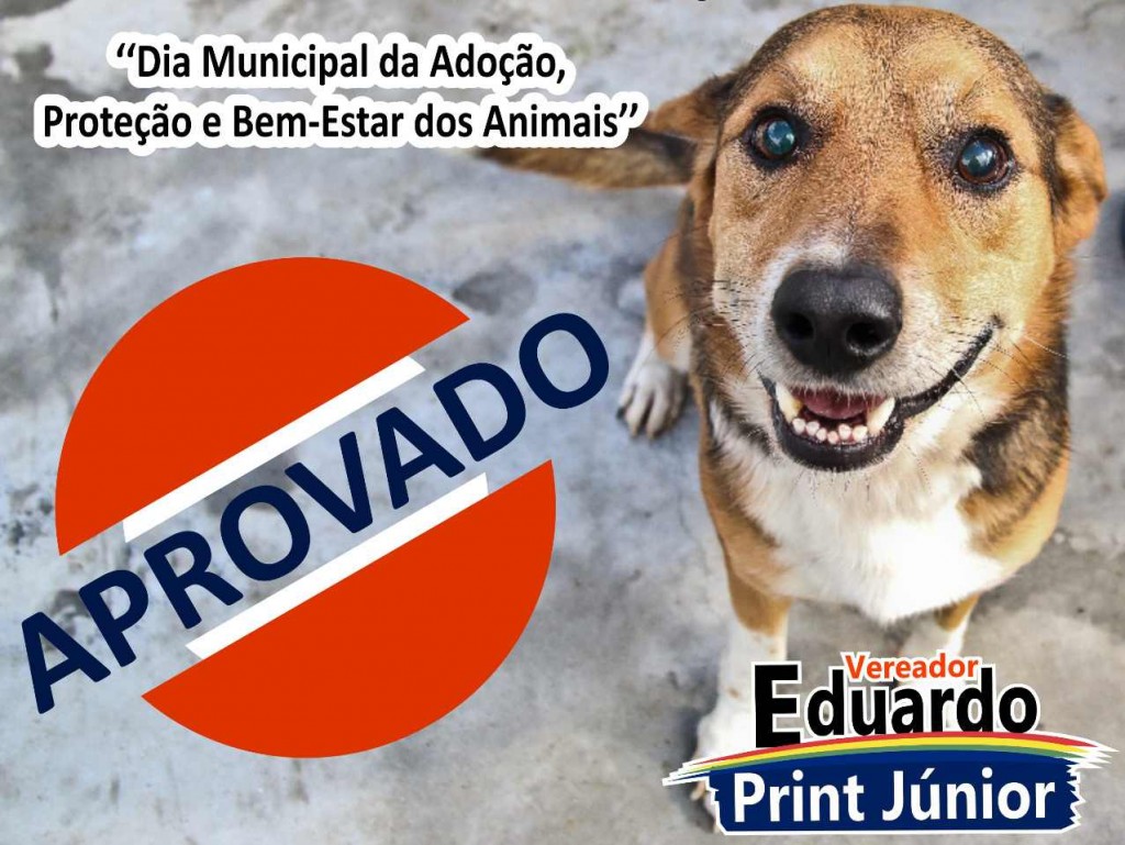 Aprovado projeto de lei que institui o "Dia Municipal da Adoção, Proteção e Bem Estar dos Animais" em nosso município. dia do cão 2