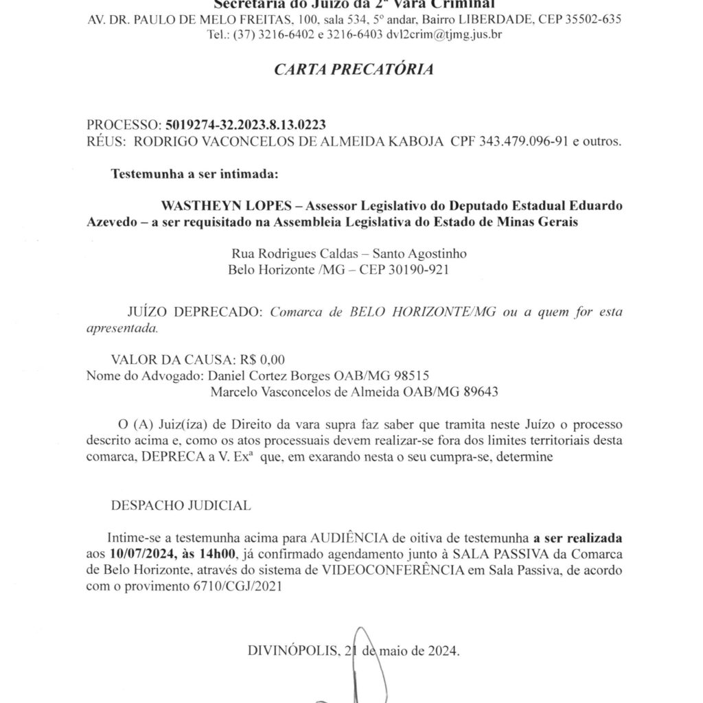 Assessor Legislativo do deputado Eduardo Azevedo, Wastheyn Lopes é intimado a depor na 2ª Vara Criminal Assessor Legislativo do deputado Eduardo Azevedo, Wastheyn Lopes é intimado a depor na 2ª Vara Criminal