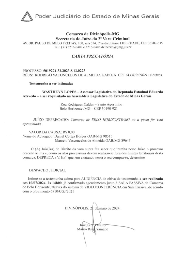 Assessor Legislativo do deputado Eduardo Azevedo, Wastheyn Lopes é intimado a depor na 2ª Vara Criminal