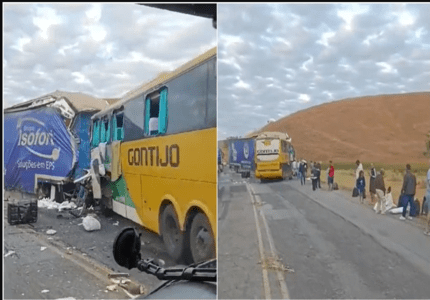Carreta invade a contramão e bate de frente com ônibus da Viação Gontijo, ambos os motoristas morrem no local