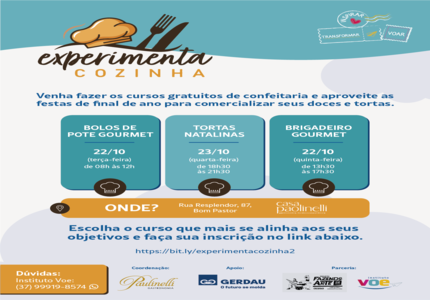 'Experimenta Cozinha' acontecerá em Divinópolis, com cursos gratuitos para a área da confeitaria 'Experimenta Cozinha' acontecerá em Divinópolis, com cursos gratuitos para a área da confeitaria