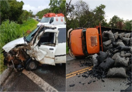 Carro e caminhão que carregava carvão batem na BR-494, entre Divinópolis e Nova Serrana