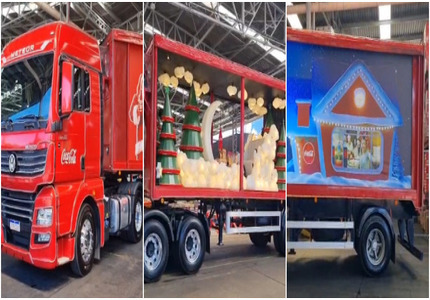 Caminhões da Caravana Iluminada da Coca-Cola já estão em Divinópolis montagem caminhões da coca (1)