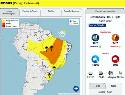 Instituto Nacional de Meteorologia (INMET) emite alerta de chuvas intensas para Divinópolis ainda nesta quinta-feira (16), com perigo potencial meteorologia