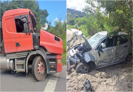 Batida entre carreta e carro em Nova Serrana deixa dois feridos na BR-494 montagem ac1dente ns (1)