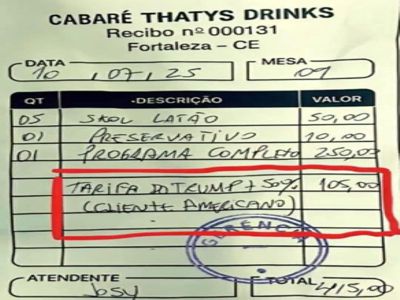 Cabaré Thatys aplica “Tarifa do Trump” em americano e nota fiscal viraliza: cerveja, preservativo e programa incluso