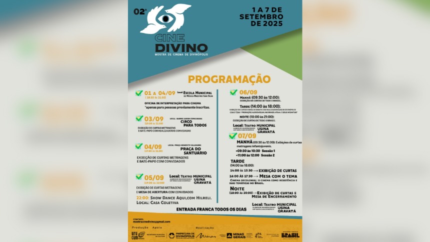 Curtas, oficinas e debates gratuitos agitam a Mostra Cine Divino em Divinópolis Curtas, oficinas e debates gratuitos agitam a Mostra Cine Divino em Divinópolis