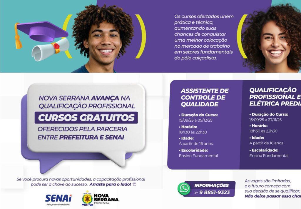 Prefeitura de Nova Serrana e Senai abrem oportunidade de qualificação gratuita para jovens e adultos NOVA SERRANA - SENAI.jpeg