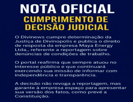 Divinews cumpre decisão judicial e publica direito de resposta da empresa Maya Energy Ltda Card