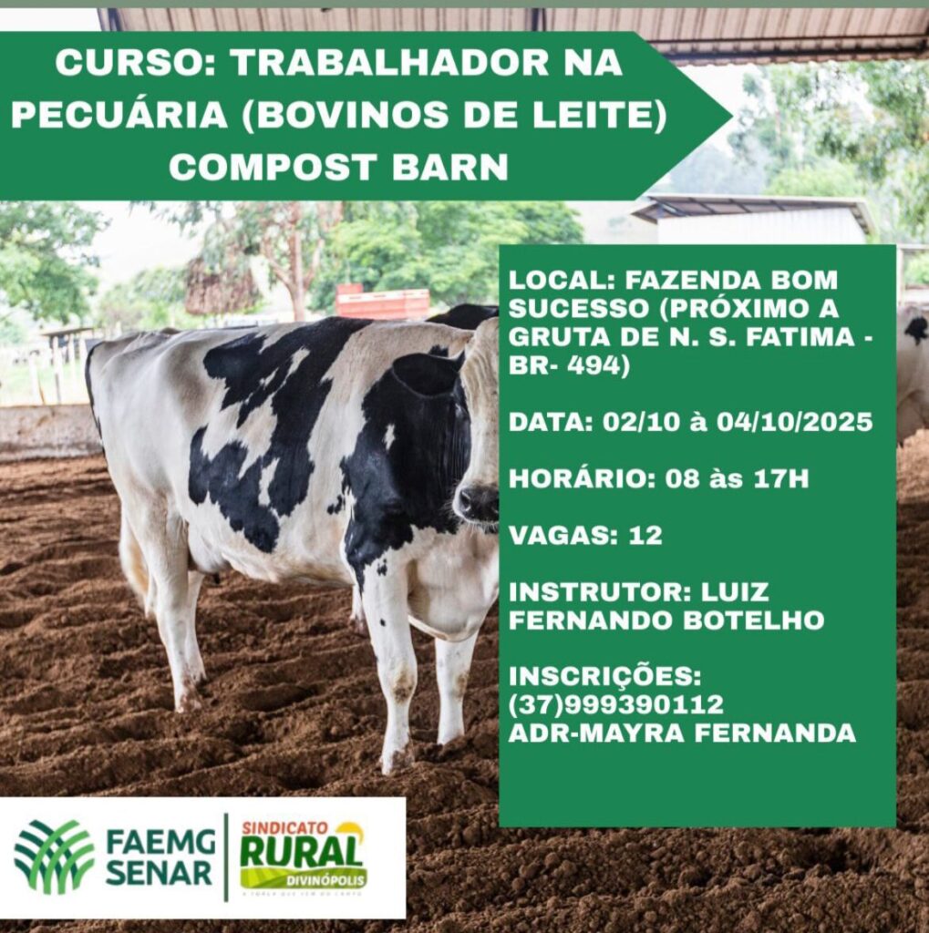 Sindicato Rural de Divinópolis abre inscrições para curso gratuito de Pecuária de Leite no sistema Compost Barn Sindicato