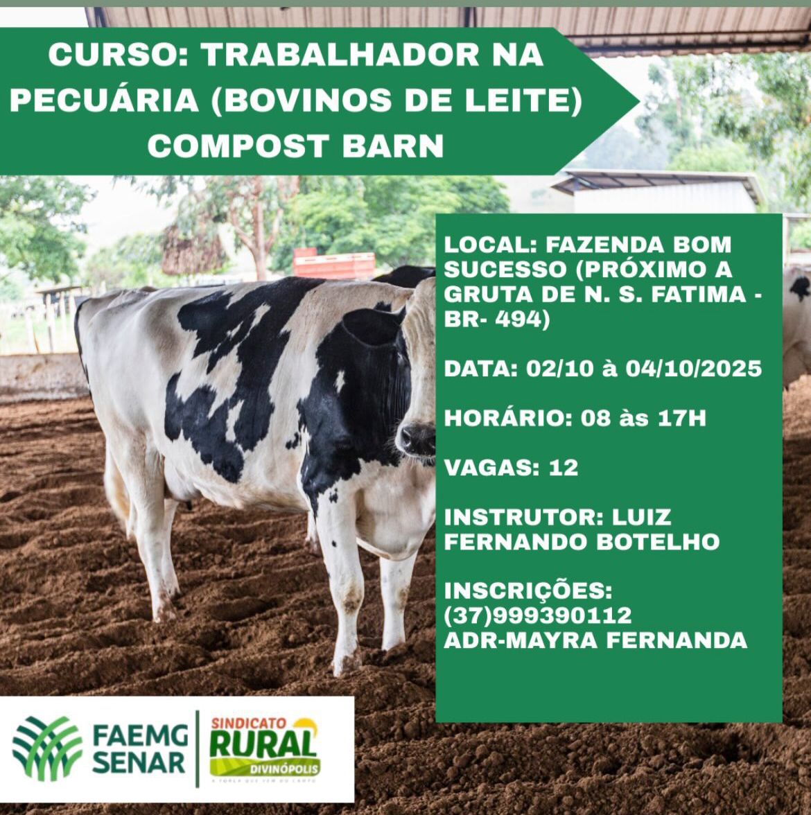 Sindicato Rural de Divinópolis abre inscrições para curso gratuito de Pecuária de Leite no sistema Compost Barn