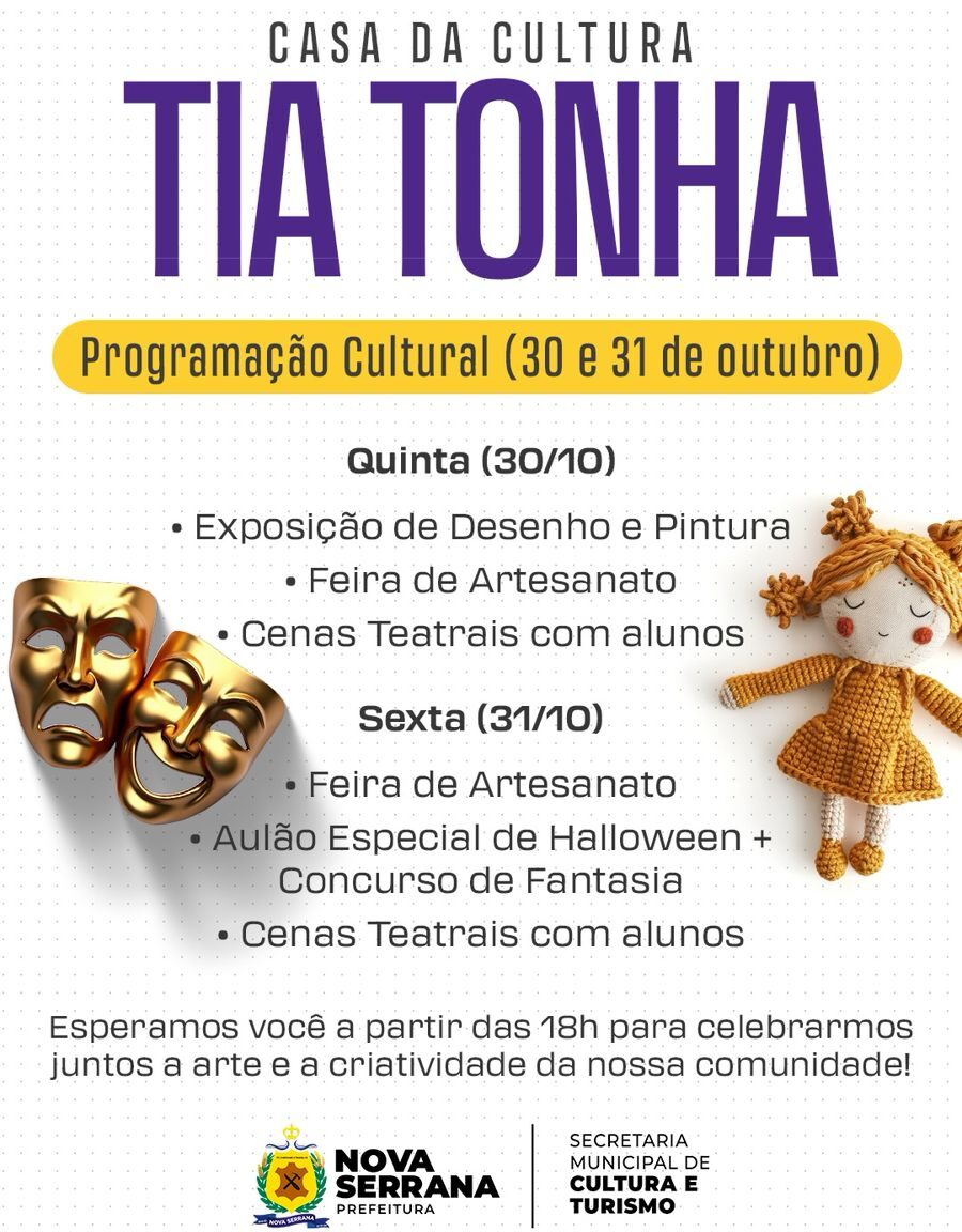 Casa da Cultura Tia Tonha promove programação especial com arte, teatro e Halloween em Nova Serrana