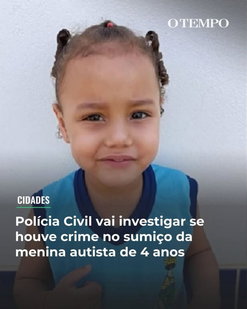 Polícia Civil investiga se houve crime no desaparecimento de menina autista em Jeceaba INVESTIGAÇÃO - A Polícia Civil de Minas (PCMG) está investigando se há crime por trás do sumiço