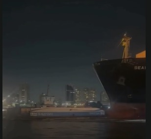 Colisão entre balsa e navio cargueiro assusta passageiros no Porto de Santos