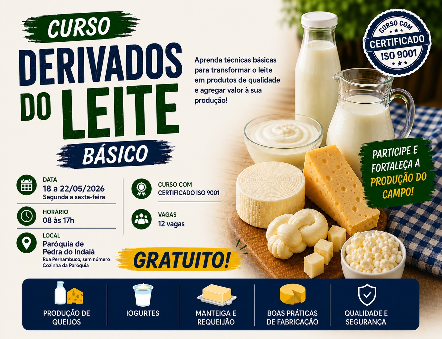 Curso Gratuitos de derivados do leite capacita produtores e empreendedores em Pedra do Indaiá