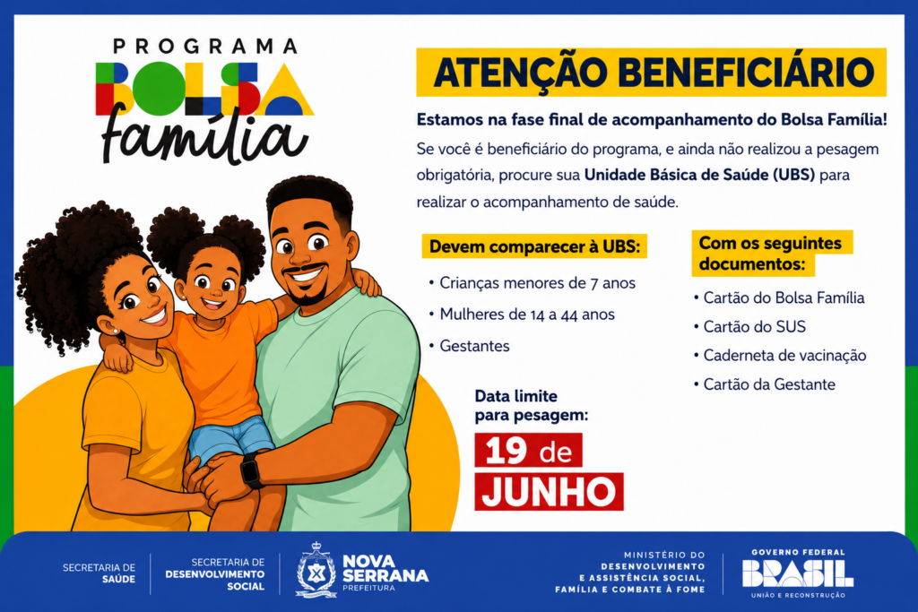 Beneficiários do Bolsa Família têm até 19 de junho para atualizar acompanhamento de saúde em Nova Serrana ChatGPT Image 9 de jun. de 2026, 16_20_20