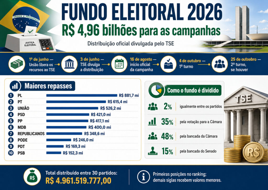 Eleições 2026: Fundo Eleitoral de 2026 chega a R$ 4,96 bilhões; PL, PT e União ficam com as maiores fatias FUNDO-ELEITORAL