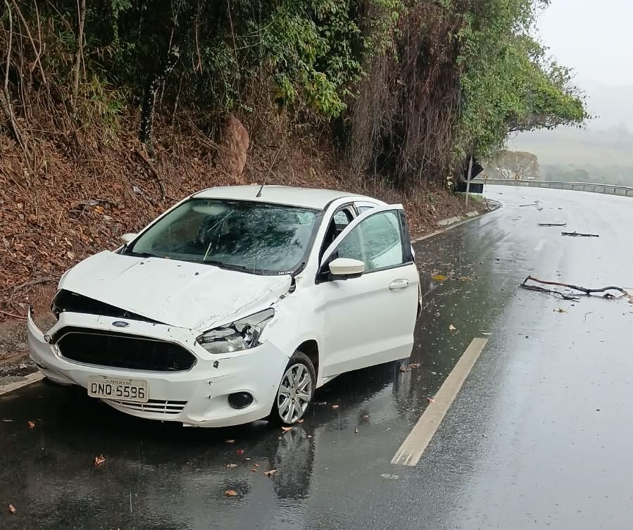 Carro sai da pista bate em barranco após ser fechado em Pará de Minas na BR-352