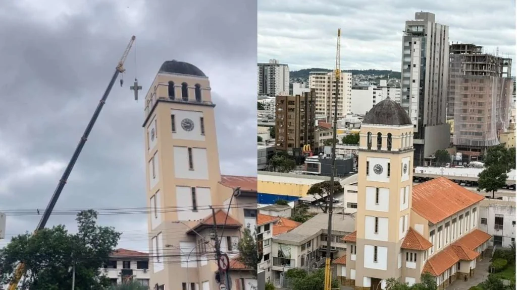 Cruz do Santuário de Santo Antônio é retirada para manutenção em Divinópolis