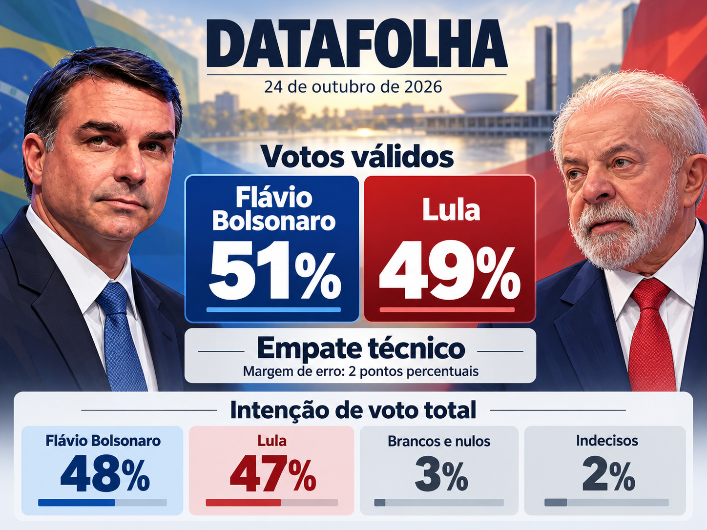 Último Datafolha mostra Flávio com 51% e Lula com 49%, mas mantém empate técnico; debate da Globo não influencia eleitores