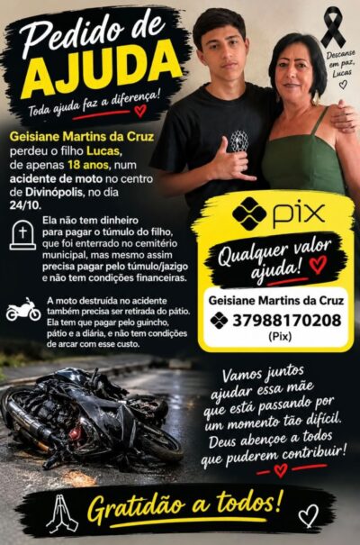 Mãe de jovem morto em acidente em Divinópolis pede ajuda para custear jazigo e retirar moto