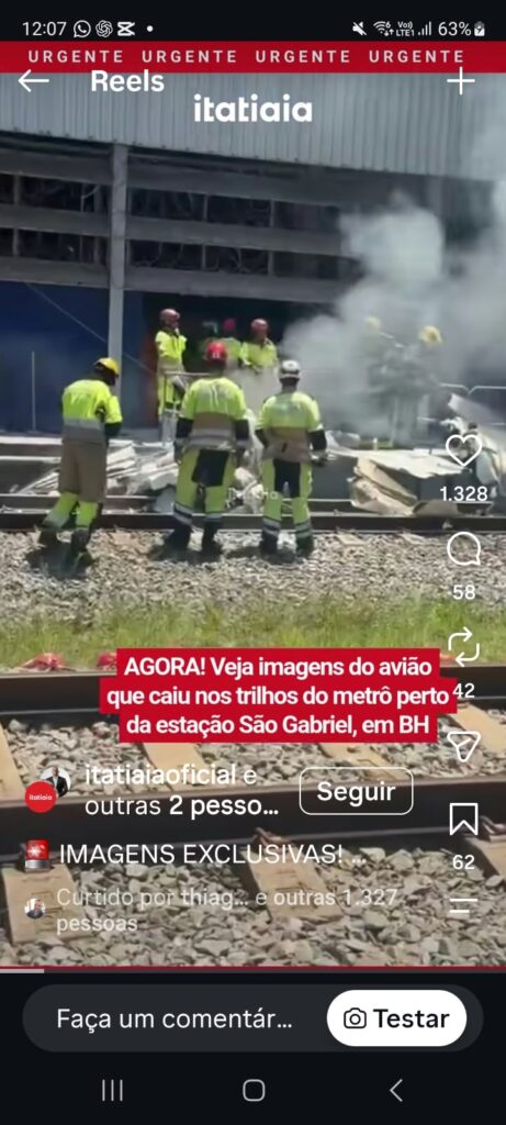 URGENTE: Avião monomotor cai próximo à linha do metrô em Belo Horizonte fte